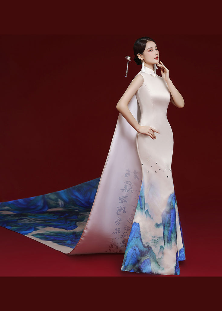 Handmade Beige Print Cape Patchwork Silk Dresses Sleeveless