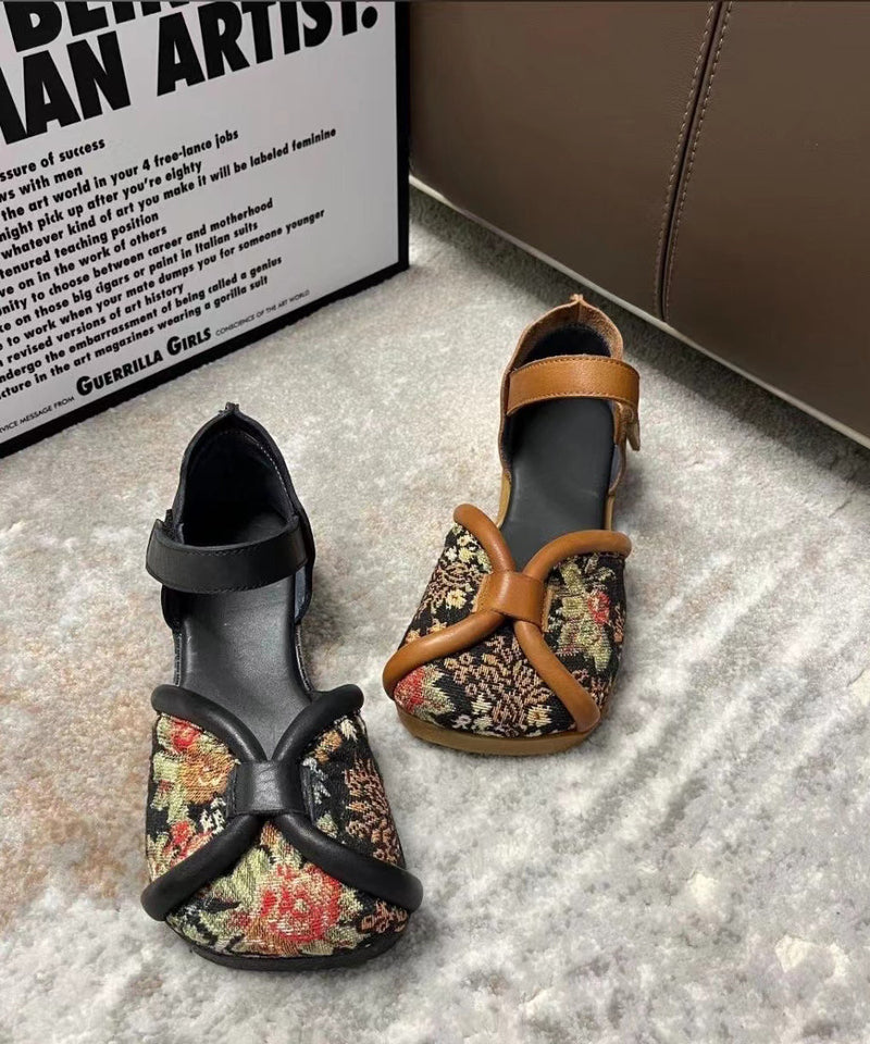 Handmade Embroidery Walking Sandals Black Cowhide Leather