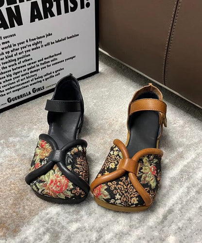 Handmade Embroidery Walking Sandals Black Cowhide Leather