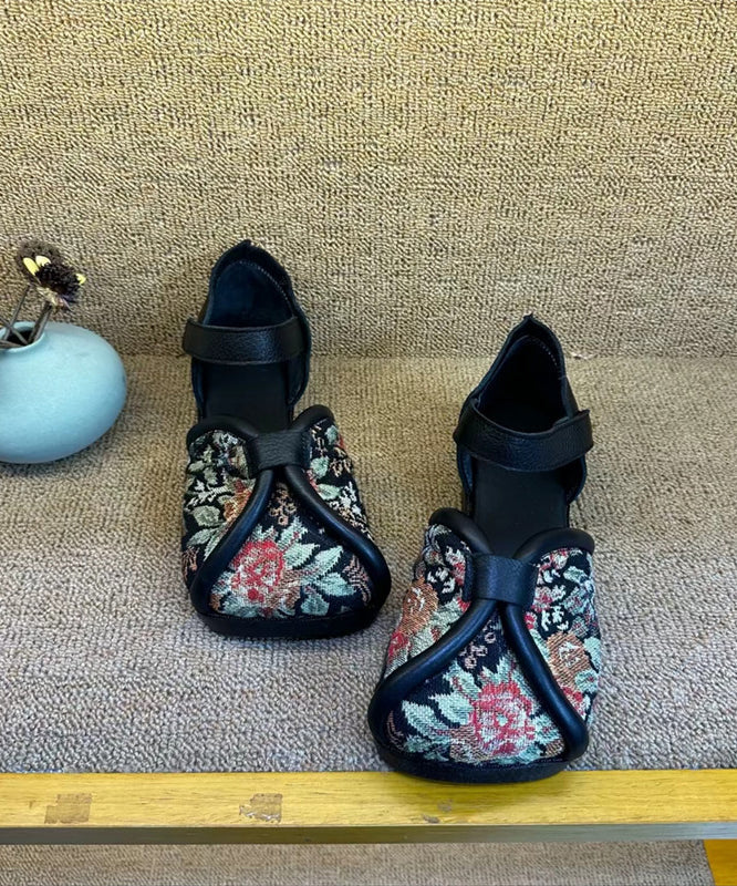 Handmade Embroidery Walking Sandals Black Cowhide Leather