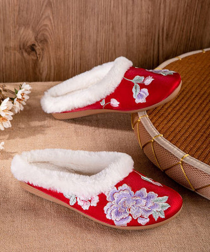 Handmade Fuzzy Wool Lined Slippers Shoes Black Satin Embroidery
