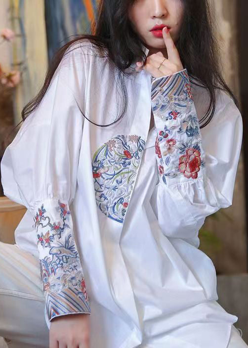 Handmade White Stand Collar Embroidered Cotton Shirts Top Spring