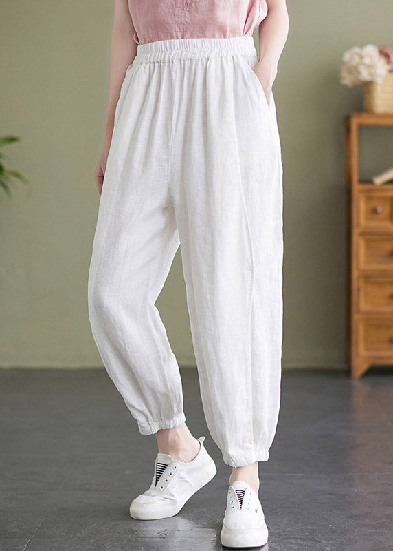 Handmade White Elastic Waist Beam Pants Summer