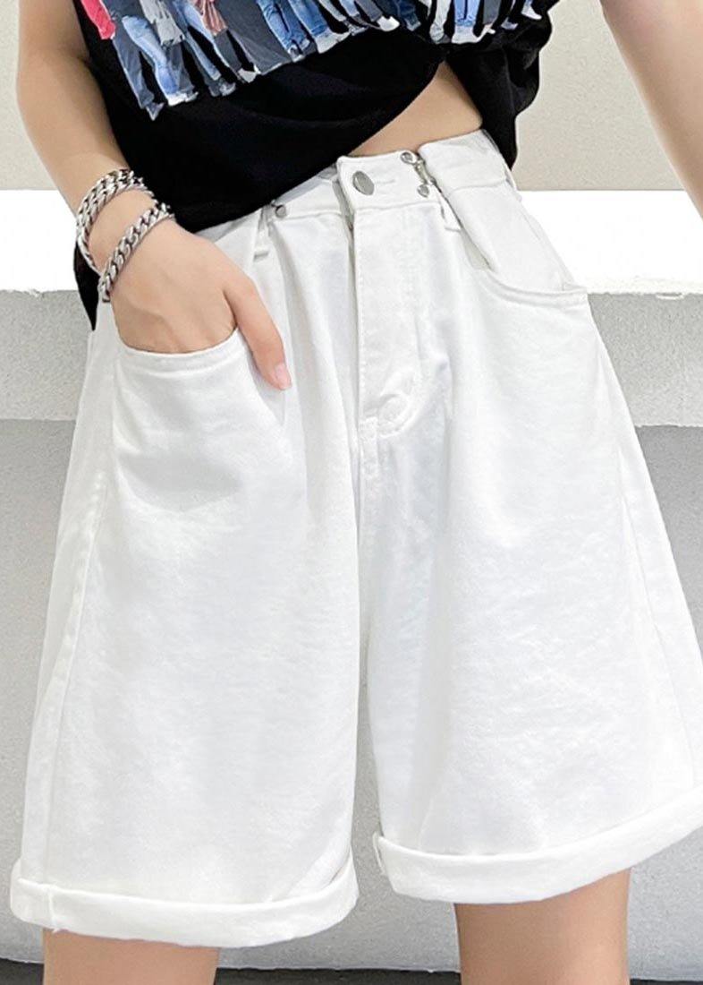 Handmade White High Waist Denim Wide Leg Hot Pants Summer