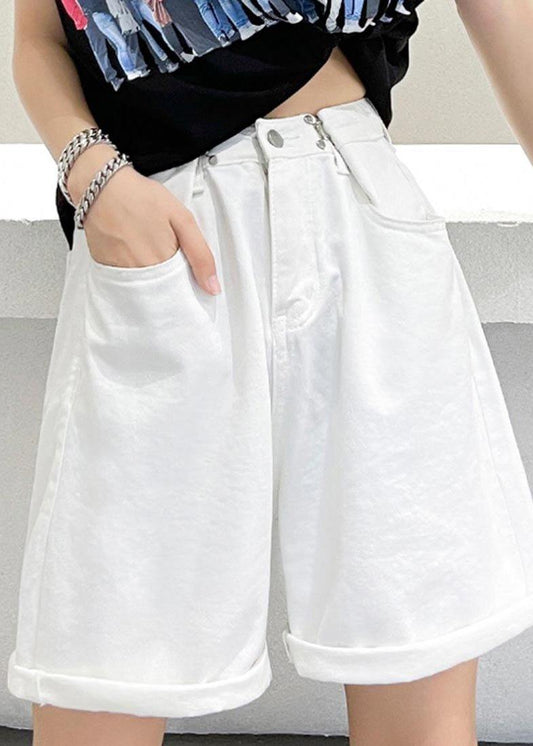 Handmade White High Waist Denim Wide Leg Hot Pants Summer