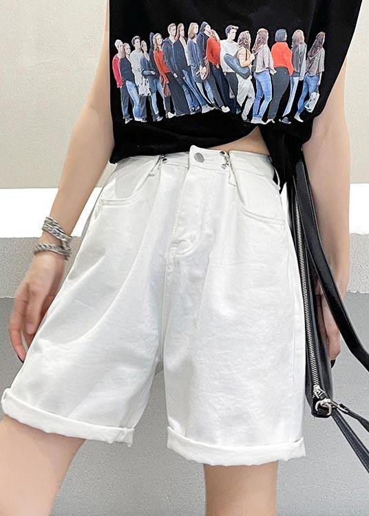 Handmade White High Waist Denim Wide Leg Hot Pants Summer