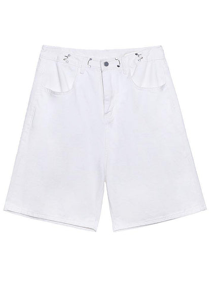 Handmade White High Waist Denim Wide Leg Hot Pants Summer