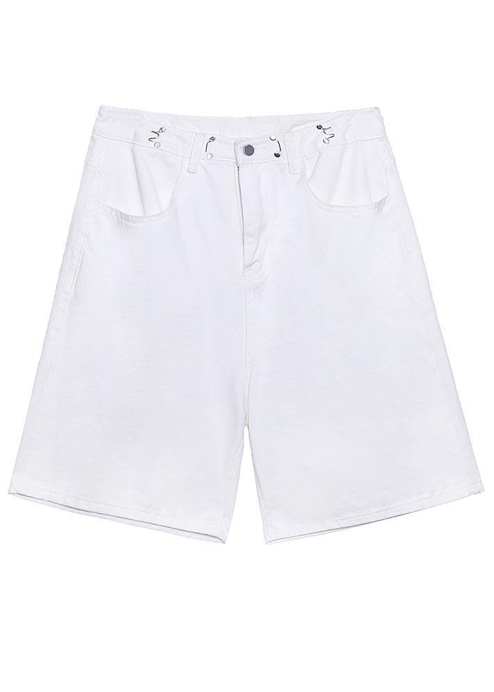 Handmade White High Waist Denim Wide Leg Hot Pants Summer
