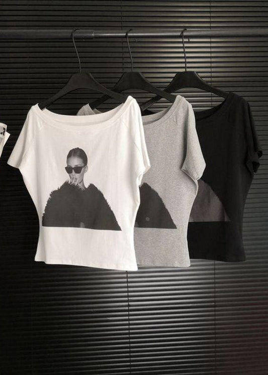 Handmade White O-neck Belle Print T Shirt Summer