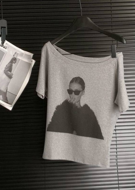 Handmade White O-neck Belle Print T Shirt Summer