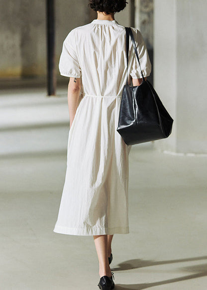 Handmade White O-neck Cinched Loose Cotton Long Dresses Summer