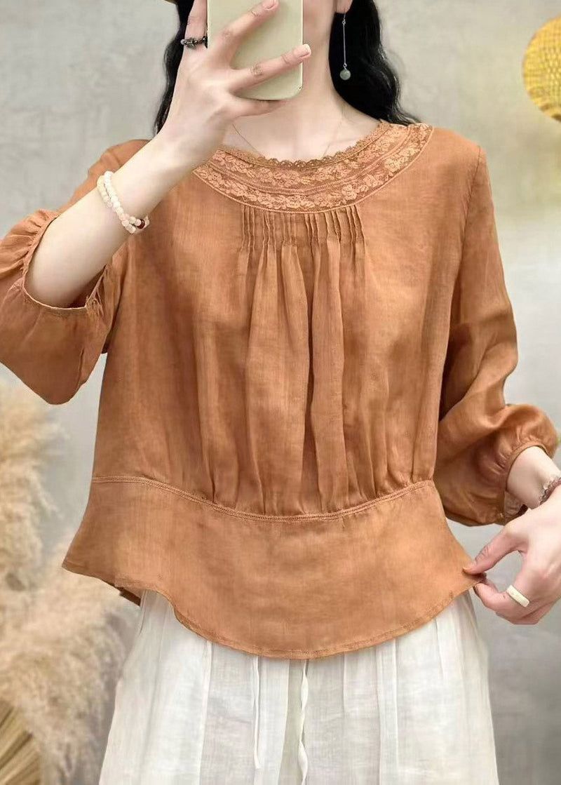 Handmade White O-neck Wrinkled Linen Top Summer