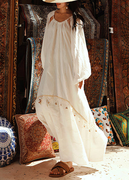 Handmade White Original Design Hollow Out Silk Cotton Maxi Dresses Fall