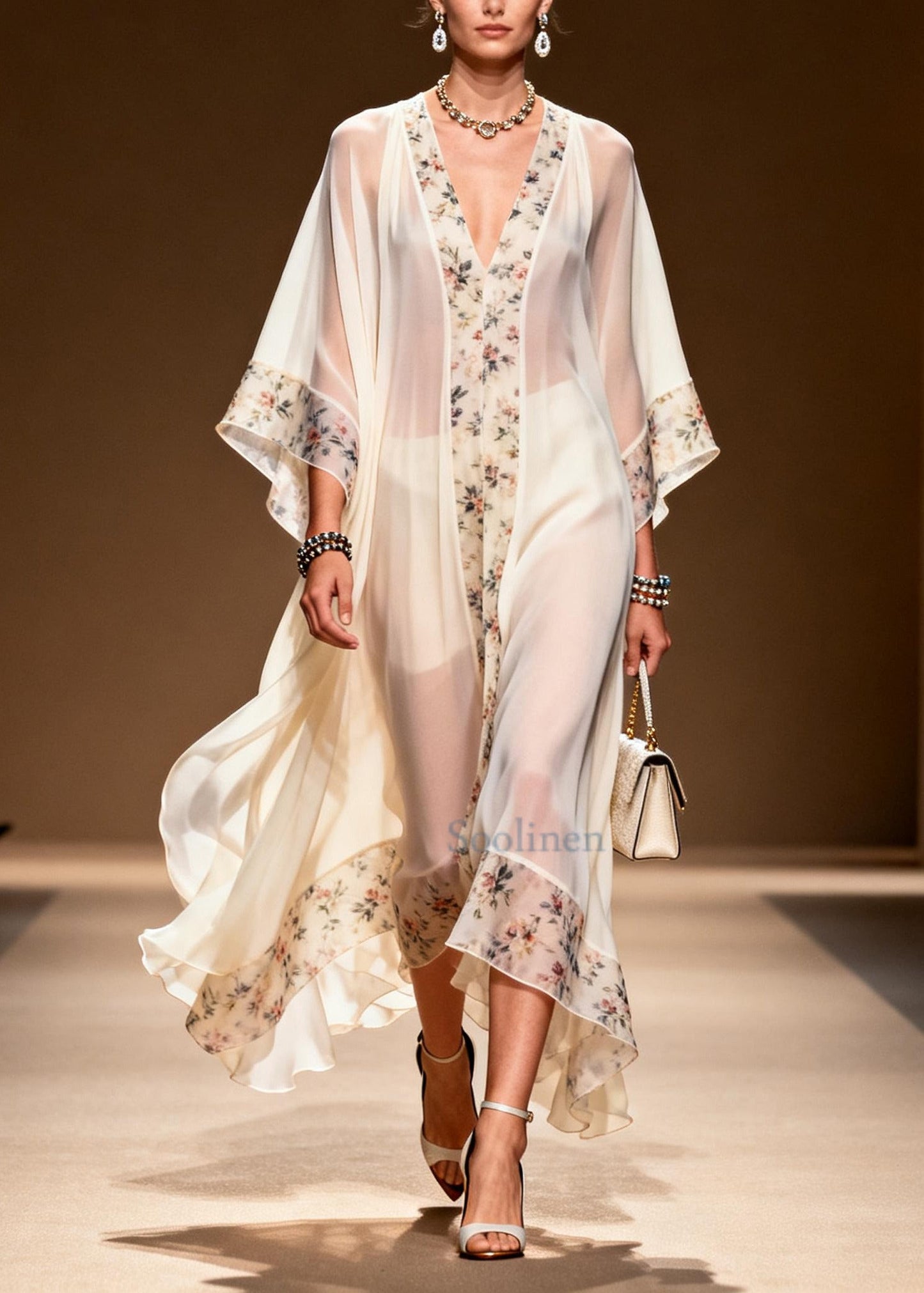 Handmade White Oversized Patchwork Print Chiffon Dress Summer