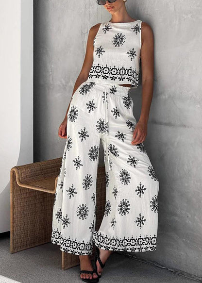Handmade White Patchwork Vest and Wide Leg Pants Two Pieces Set Sleeveless