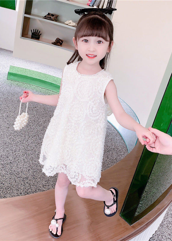 Handmade White Pearl Patchwork Cotton Kids Mid Dresses Summer