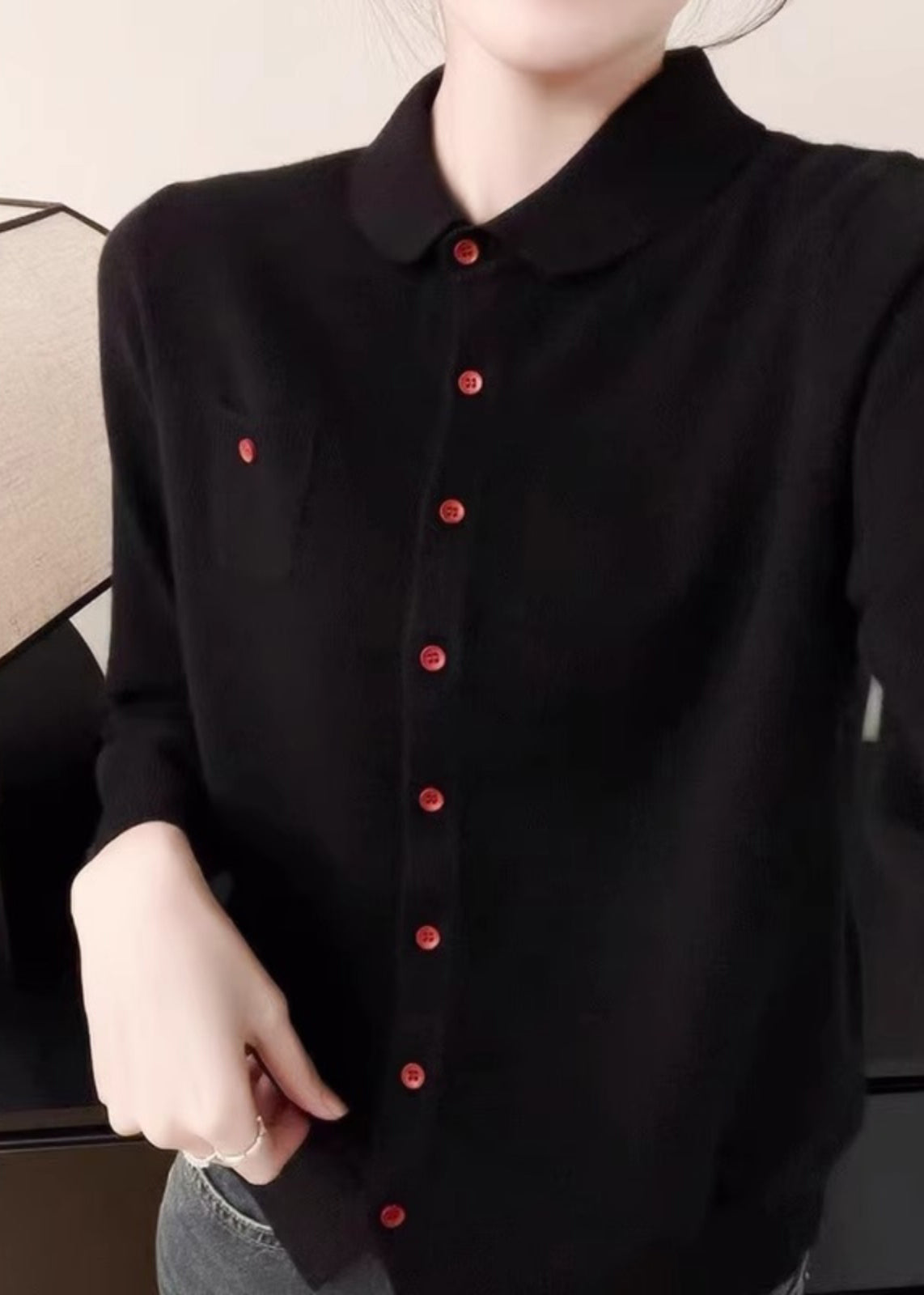 Handmade White Peter Pan Collar Pockets Cotton Knitted Cardigans Fall