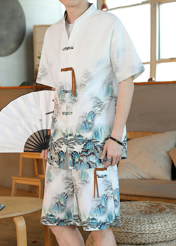 Handmade White Print Button Shirt and Shorts Two Pieces Set Summer