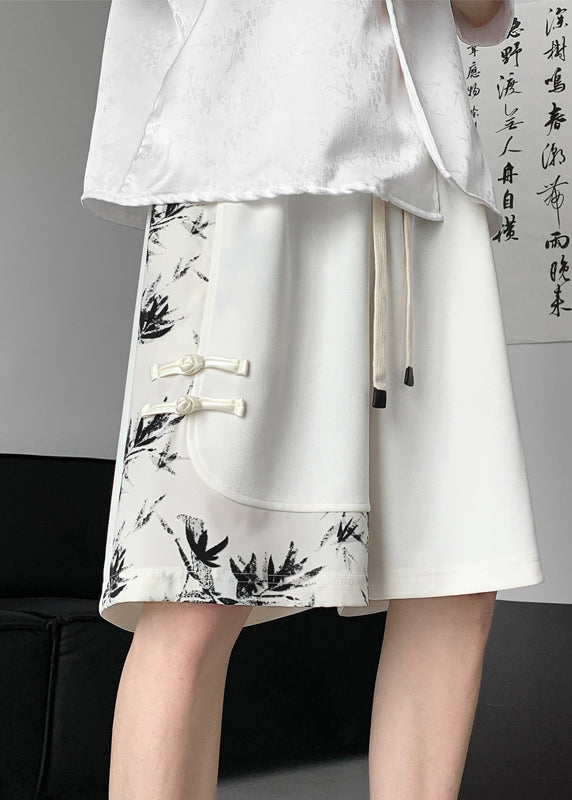 Handmade White Print Chinese Button Beach Shorts Summer