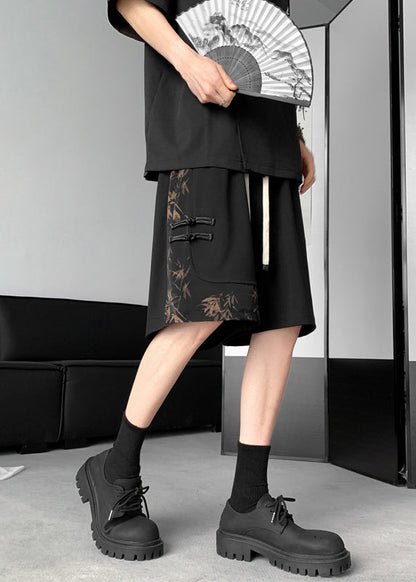 Handmade White Print Chinese Button Beach Shorts Summer