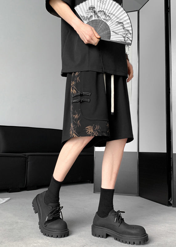 Handmade White Print Chinese Button Beach Shorts Summer