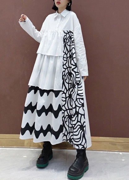 Handmade White Print Quilting Clothes Lapel Asymmetric Loose Spring Dresses