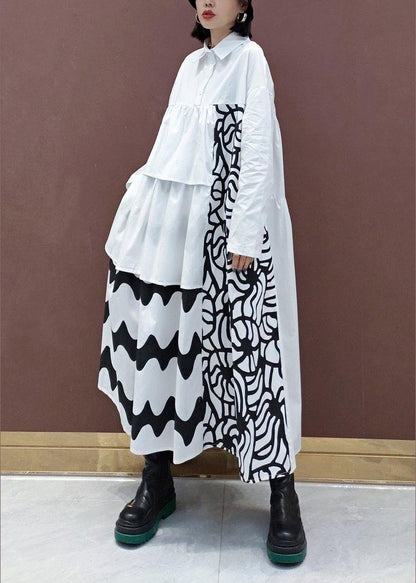 Handmade White Print Quilting Clothes Lapel Asymmetric Loose Spring Dresses