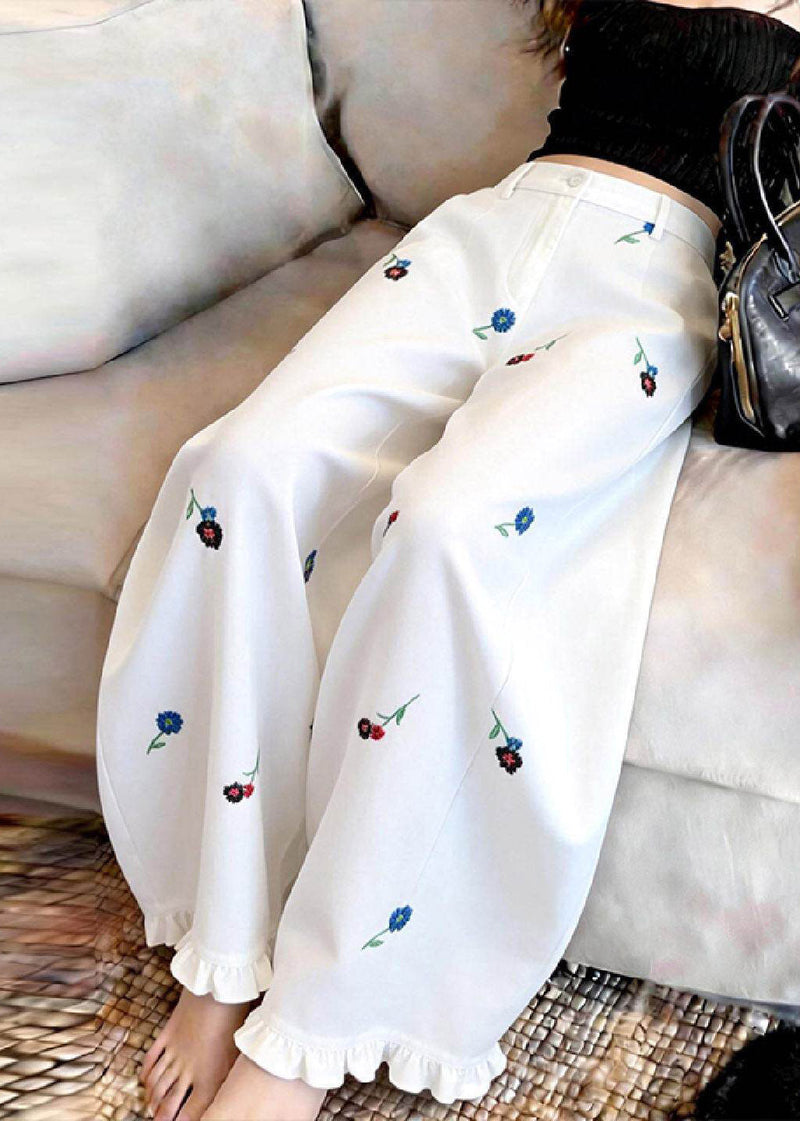 Handmade White Ruffled Patchwork Wide Leg Pants