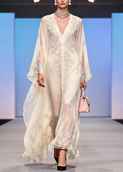 Handmade White Sequins Embroidered Chiffon Dress Spring