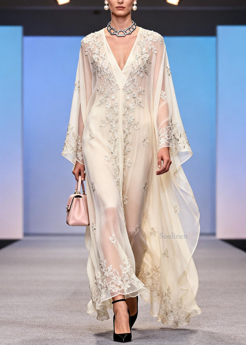 Handmade White Sequins Embroidered Chiffon Dress Spring