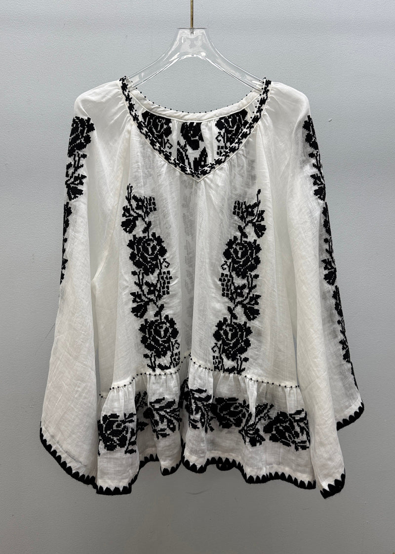 Handmade White V Neck Embroidered Linen Blouses Fall