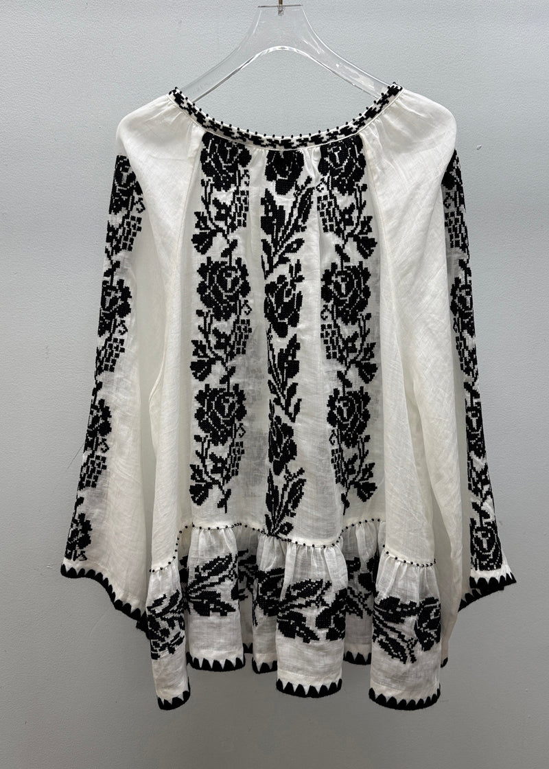 Handmade White V Neck Embroidered Linen Blouses Fall