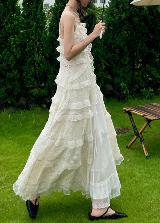 Handmade White V Neck Embroideried Button Lace Maxi Dress Summer