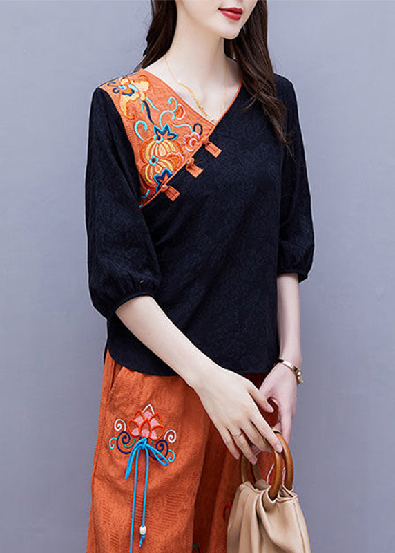 Handmade White V Neck Embroideried Button Top Half Sleeve