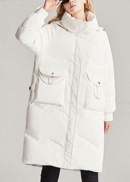 Handmade White Hooded Removable Stand Collar Winter Duck Down Coat
