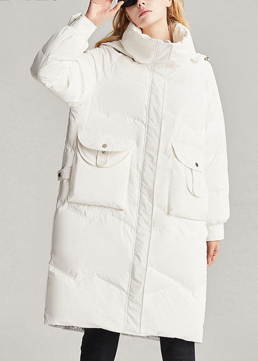 Handmade White Hooded Removable Stand Collar Winter Duck Down Coat