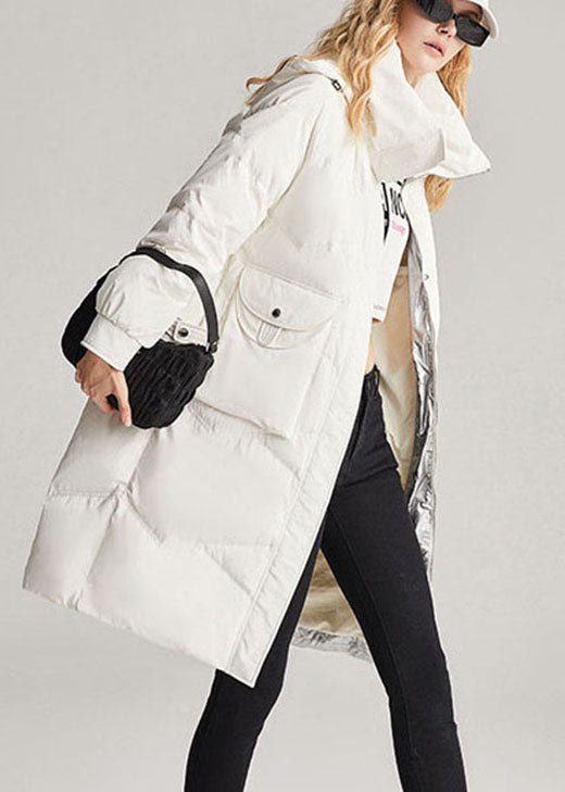 Handmade White Hooded Removable Stand Collar Winter Duck Down Coat
