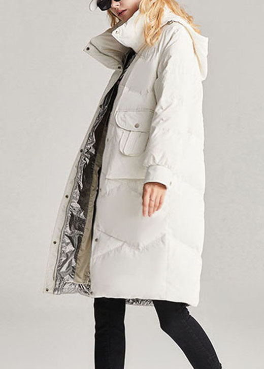 Handmade White Hooded Removable Stand Collar Winter Duck Down Coat