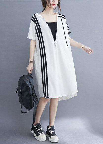 Handmade White Hooded Zippered Cotton Summer Mid Dress