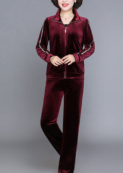 Handmade Wine Red Stand Collar Zippered Silk Velour Coats and Straight Pants Two Piece Set Fall