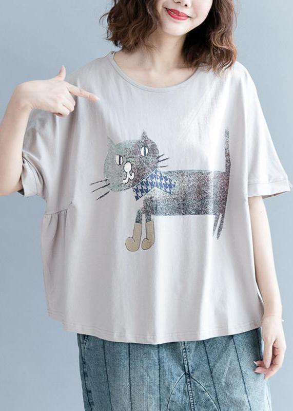 Handmade Gray Short Sleeve Cotton Shirts Animal Round Neck Blouse