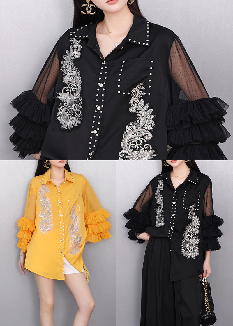 Handmade Yellow Embroidered Rhinestone Chiffon Shirt Tops