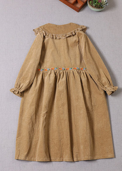 Handmade Yellow Embroideried Drawstring Corduroy Maxi Dress Winter