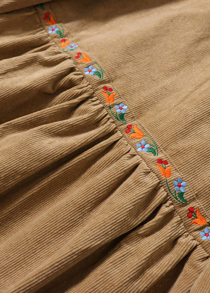 Handmade Yellow Embroideried Drawstring Corduroy Maxi Dress Winter