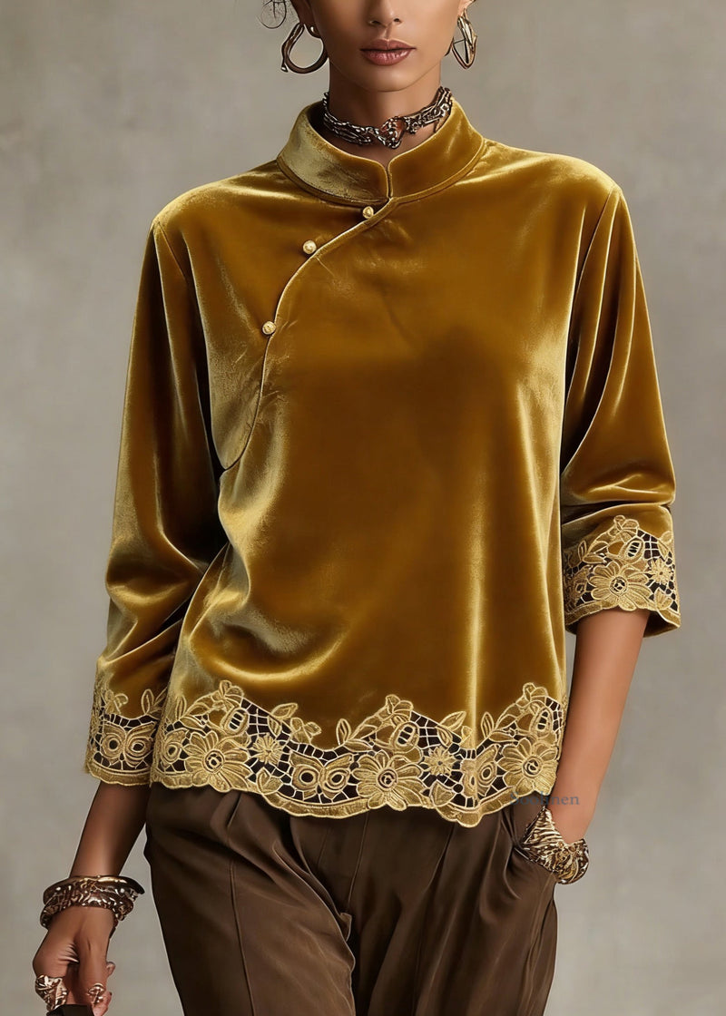 Handmade Yellow Hollow Out Button Shirt Spring