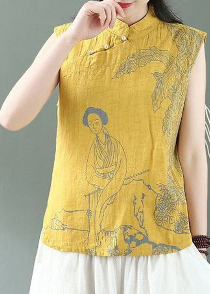 Handmade Yellow Mandarin Collar Linen Blouses Top Sleeveless