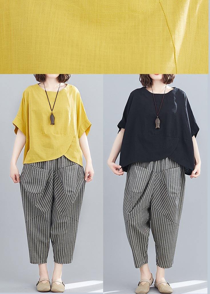 Handmade Yellow O-neck Two-piece Set Summer Cotton Linen