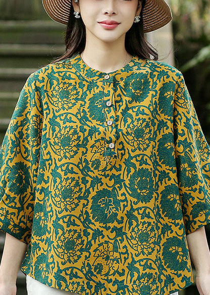 Handmade Yellow O-neck Green Print Linen Shirt Top Bracelet Sleeve