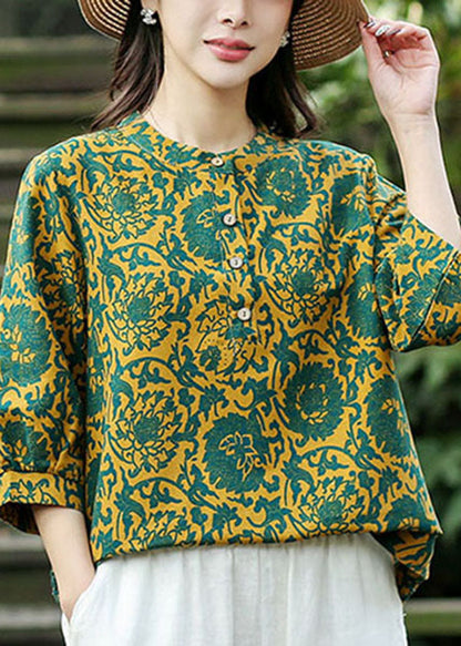 Handmade Yellow O-neck Green Print Linen Shirt Top Bracelet Sleeve