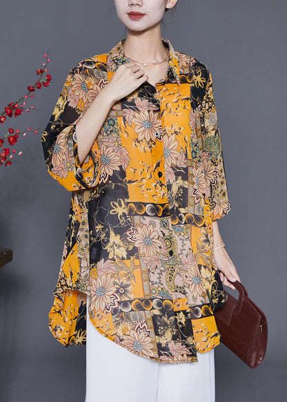 Handmade Yellow Oversized Print Chiffon Shirts Summer
